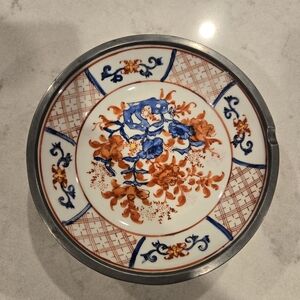 Floral Ceramic Dish with Metal Rim And Back, Made In Hong Kong